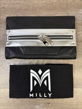 Milly Black & Silver Leather Foldover Clutch Crossbody Bag NWT MSRP $295